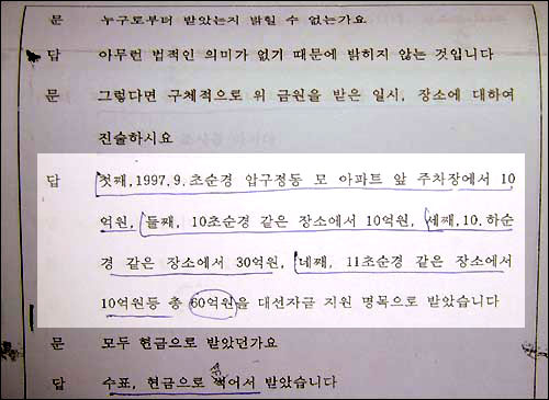 7년 전의 진술 98년 작성된 검찰의 이회성씨에 대한 피의자신문 조서중 일부. 삼성 대선자금과 관련해 이씨는 "97년 9월 초순경 10억원, 10월 초순경 10억원, 10월 하순경 30억원, 11월 초순경 10억원 등 압구정동 모 아파트 앞 주차장에서 총 60억원을 대선자금 지원 명목으로 받았다"고 진술했다. 